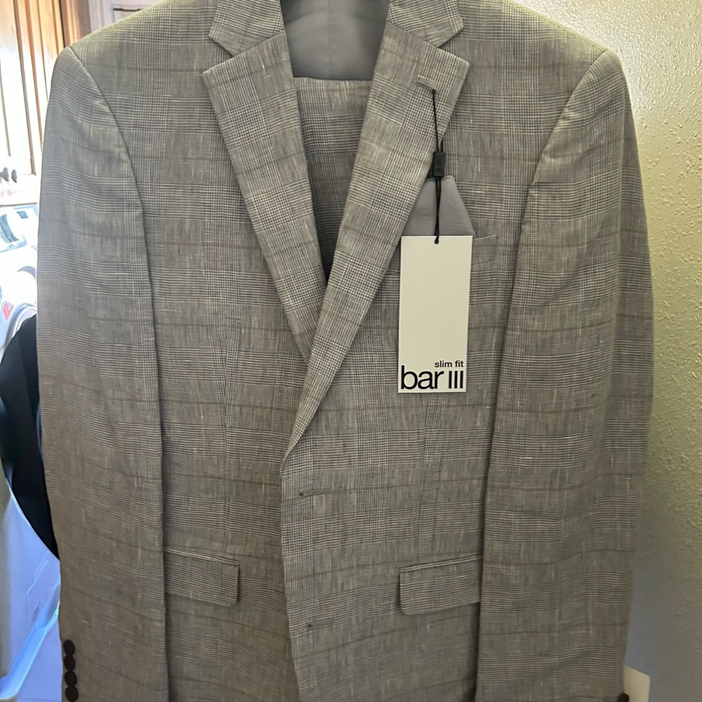 bar III Mens Linen Plaid Sportcoat Gray 36S, GreyTan, with vest and pants